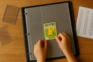 Manos de un niño colocando Pikachu en el hueco 025 de un álbum; escena doméstica de orden y memoria
