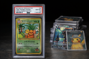 Escritorio con cartas Pokémon, notas y material de coleccionista para ilustrar la diferencia entre rareza y escasez