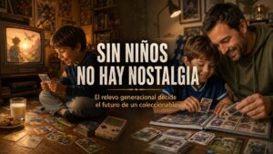Niño viendo Pokémon con cartas y una Game Boy, símbolo del relevo generacional en los coleccionables