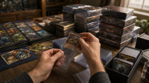 Cartas modernas protegidas en fundas y cajas como símbolo del coleccionismo moderno y la nostalgia futura
