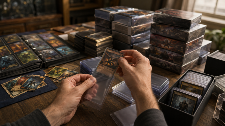 Cartas modernas protegidas en fundas y cajas como símbolo del coleccionismo moderno y la nostalgia futura